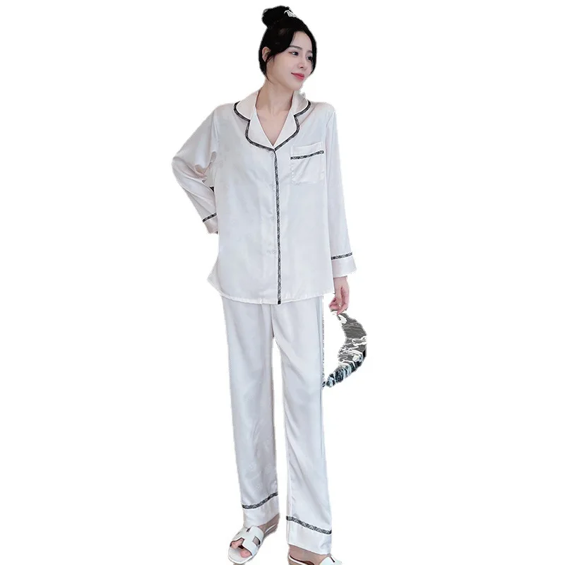 2023 Autumn Light Luxury Pajamas Women's Ice Silk Long Sleeve Two-Piece Set Camellia Jacquard Artificial Silk Home Wear