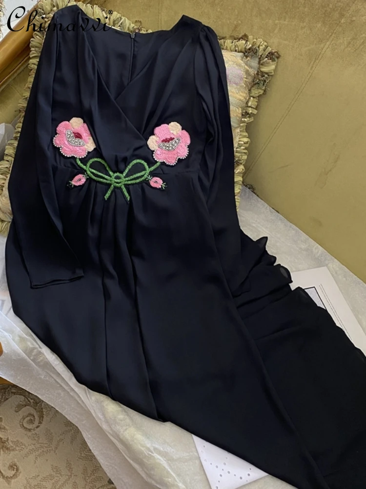 

Flower Embroidery Beads Fashion V-neck Black Dress Female 2022 Summer New Long Sleeve High Waist Slim fit Dress for Women