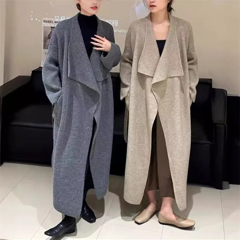 Женский повседневный длинный вязаный свитер с широкими лацканами и поясом плащ