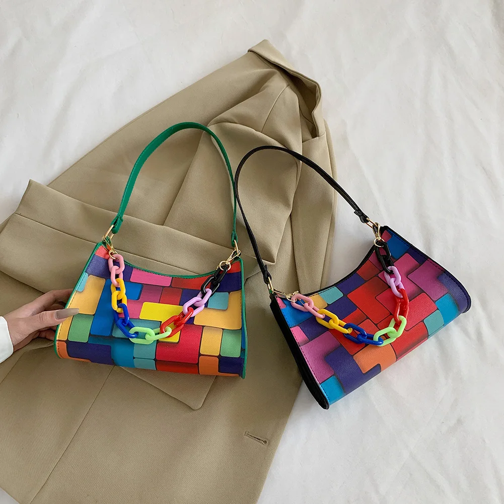 

Fashion Geometric Hit Color Clutch Bag Leather Women Casual Female Shoulder Underarm Chain Clutches Purse Handbag