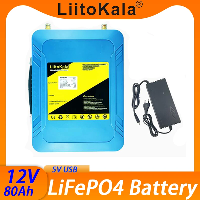 

LiitoKala 12V/12.8V 80Ah lifepo4 LED 5v USB for solar light RV Outdoor Camping Solar energy backup power golf cart +14.6V 10A