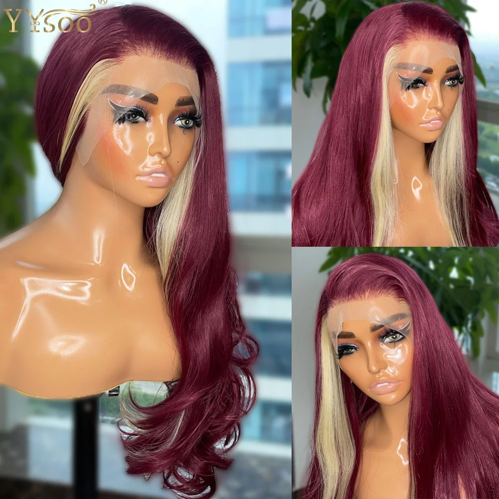 YYsoo 39H613 Long Body Wave Baylayage13x4 Futura Synthetic Lace Front Wigs For Black Women Pre Plucked Hairline Burgundy Wig