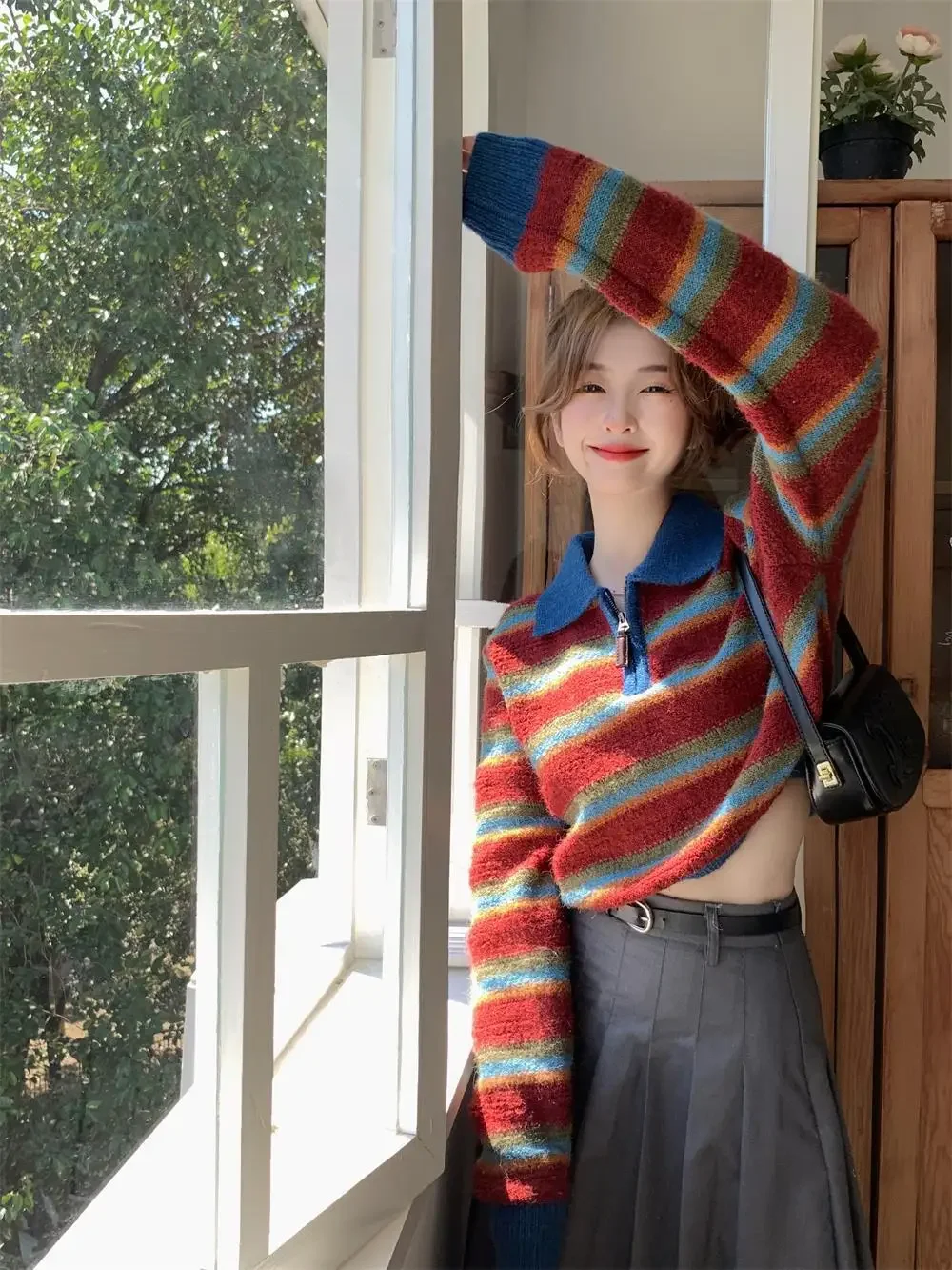 Осень/зима 2023 винтажный полосатый воротник-поло вязаный топ женский свободный