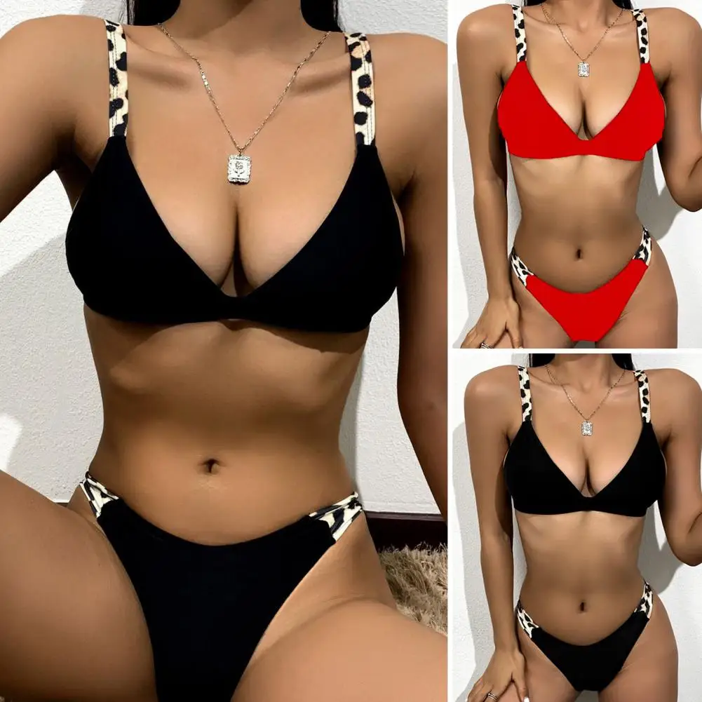 

2Pcs/Set Sling V-neck Backless Pads Bikini Set Leopard Stitching Bra High Waist Briefs Swimsuit Beachwear Beach Bathing Suit