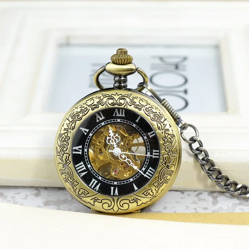 Luxury Mechanical Bronze Pocket Watch for Men Women Skeleton Dial Roman Numeral Dial Fob Chain Pendant Clock for Collection Gift