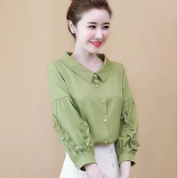 2022 spring autumn new fashion long sleeved puff sleeves fruit green bottoming shirt korean style casual solid blouse for female