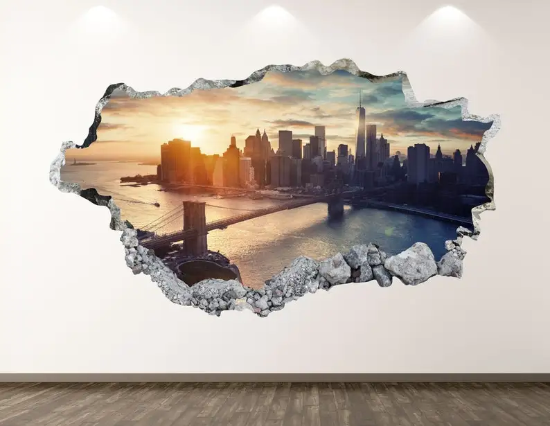 

New York Wall Decal - Brooklyn Bridge 3D Smashed Wall Art Skyline Sticker Kids Decor Vinyl Home Poster Custom Gift KD33