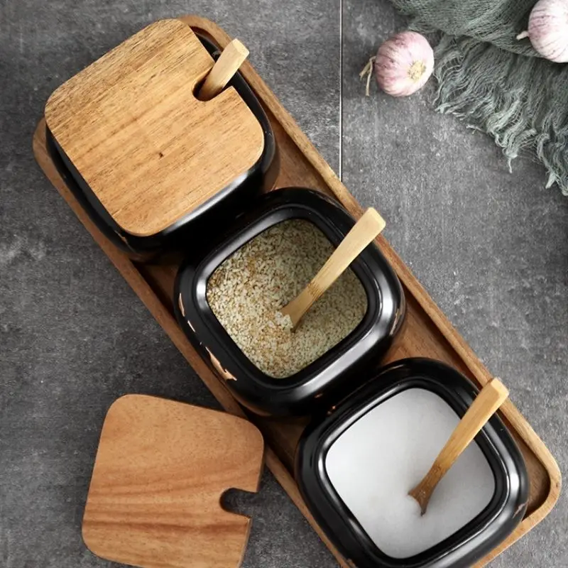 

Nordic Style Cereal Dispenser Wooden Lid Black Top Seal Spice Pots No Drip Ceramic Rangement Cuisine Home Kitchen Accessories
