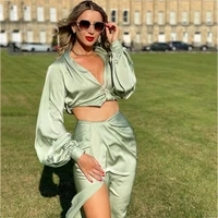 2021 autumn and winter womens satin long sleeved blouse split long skirt two piece solid color fashion temperament suit women