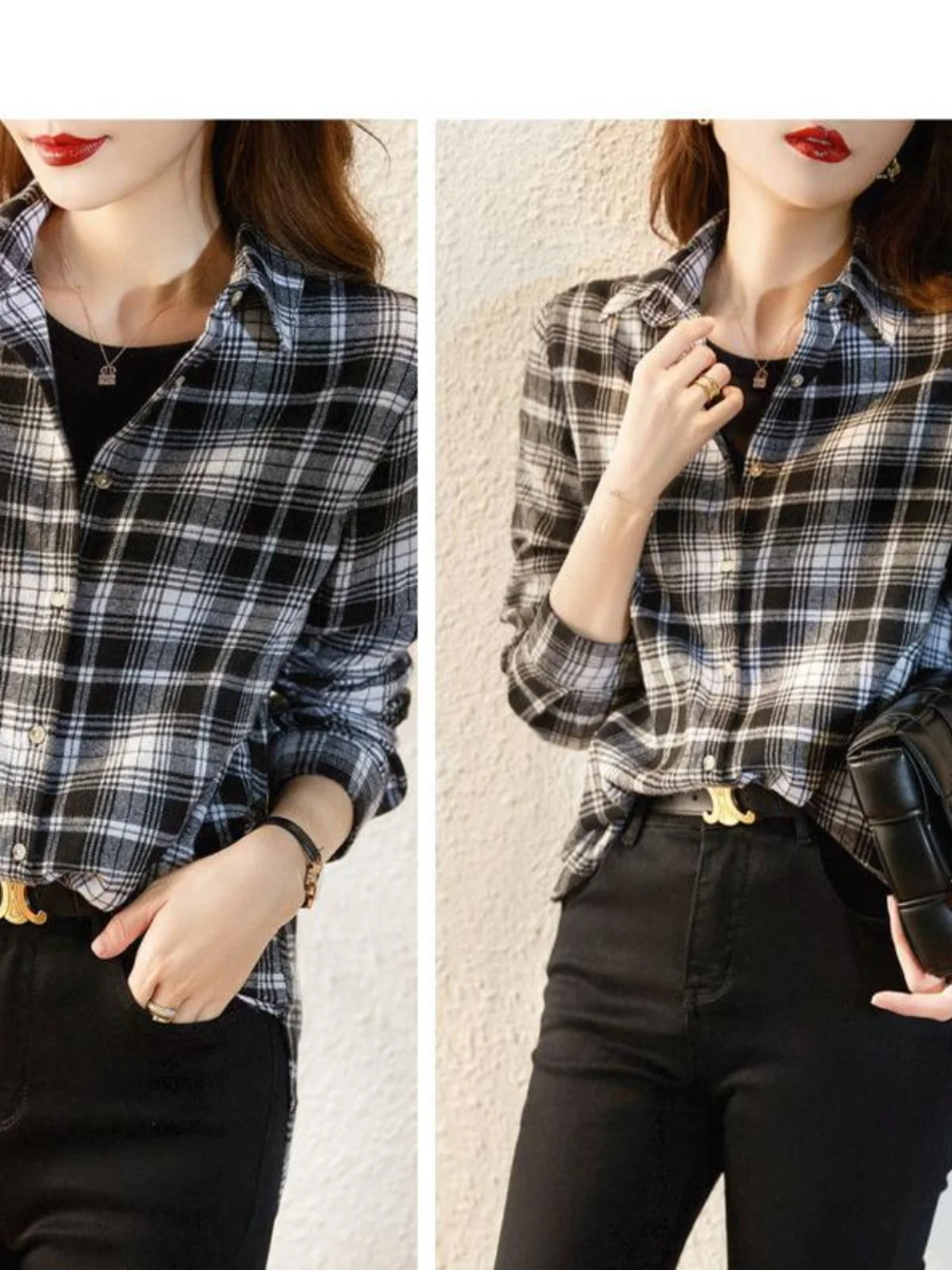 Fashion Light Luxury Sle Black and White Plaid Long sleeve Shirt Korean Series Atmosphere Sense Daily Good Match Fashionabl...