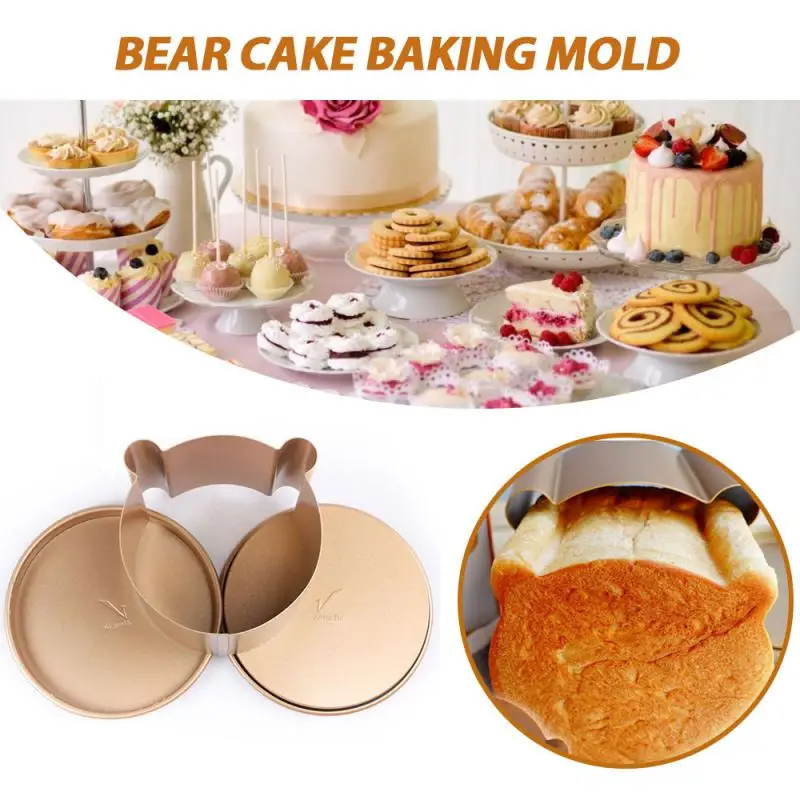 

Golden Non-stick Bear Head Bread Mold Toast Mold Bear Cartoon Cake Baking Mold Mousse Ring Kitchen Dining Bar Accessories