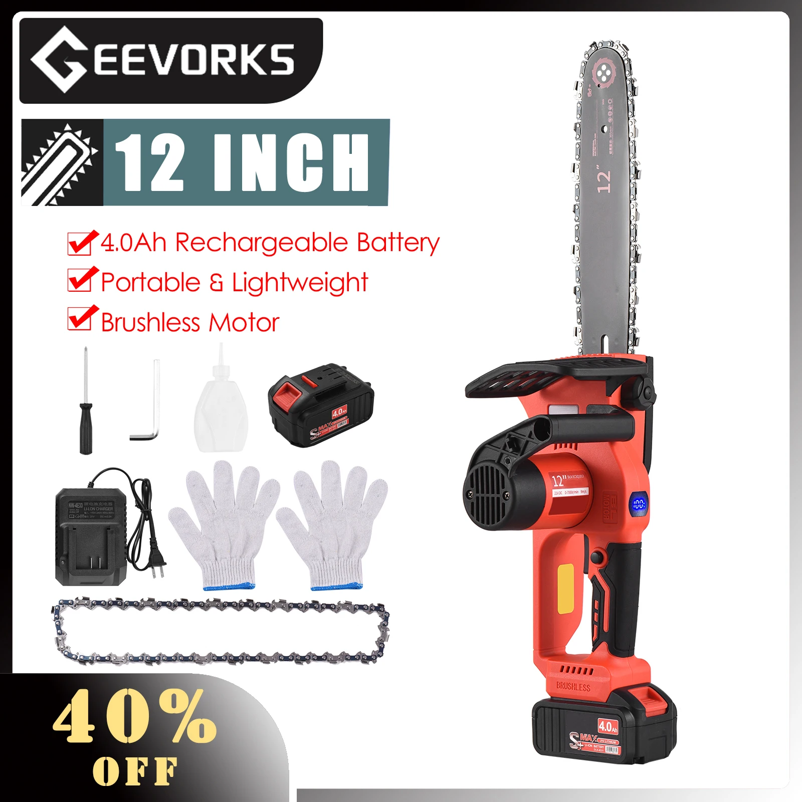 Geevorks 12-Inch Brushless Mini Cordless Chainsaw With 4.0Ah Battery: Efficient And Portable For Handheld Pruning And Wood Cut