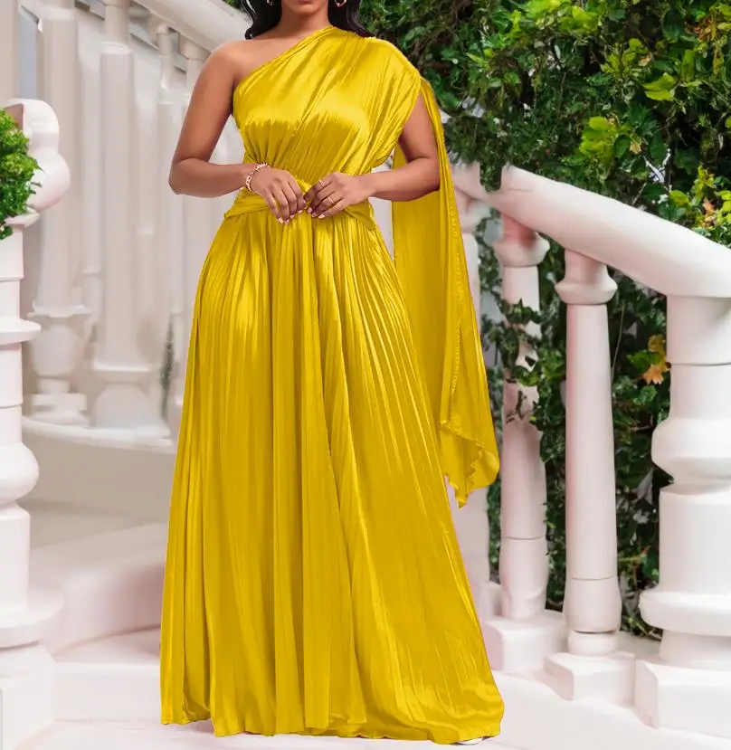 

Women Elegant Evening One-Shoulder Pleated Maxi Dress & Solid New Fashion Slant Neck Woman High Waist Party Prom Dresses