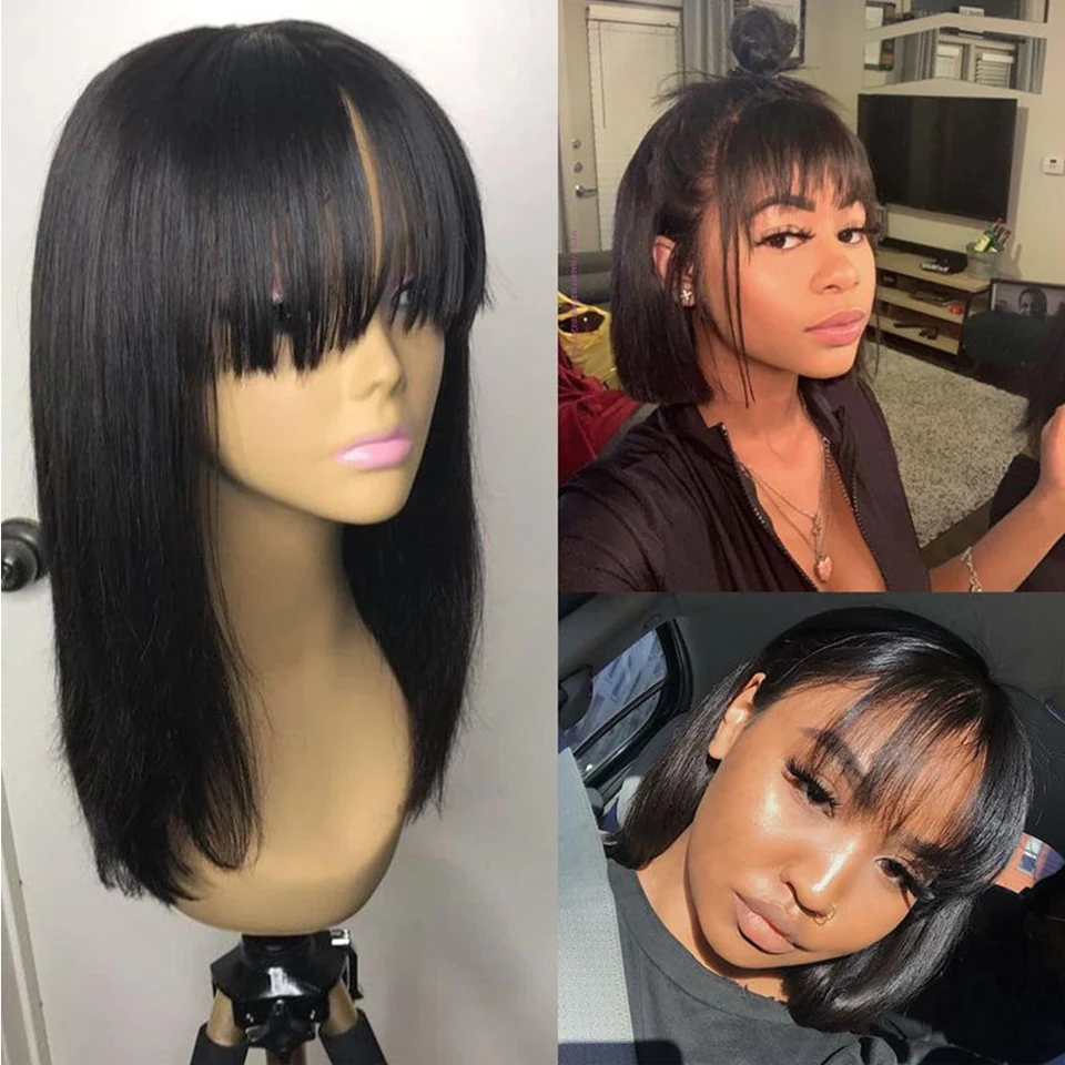 Bob Lace Front Human Hair Wigs With Bangs Straight Hair Bob Wig Natural Black Color Short Wigs Human Hair For Black Women