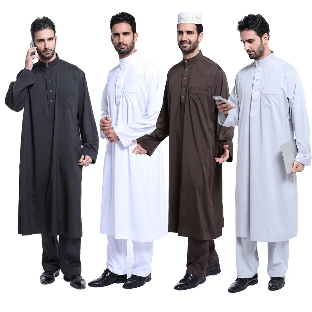 Fashionable Urban Splicing Design Mixed Color Muslim Middle East Arab Lslamic National Costume Slim Men's Temperament Robe