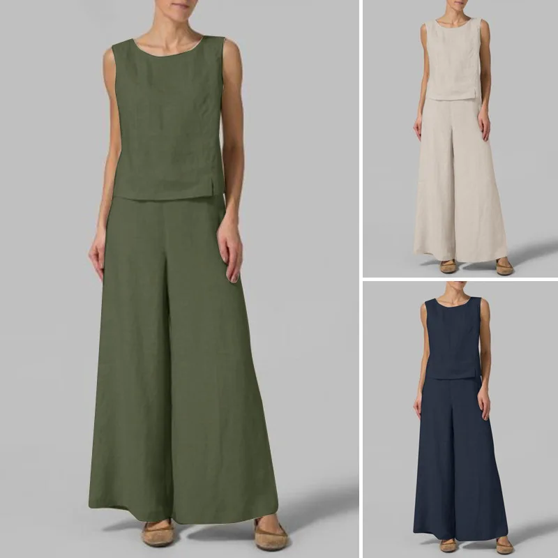 

2022 Summer New Women Loose Solid Color Sleeveless Casual Suit 2 Piece Set