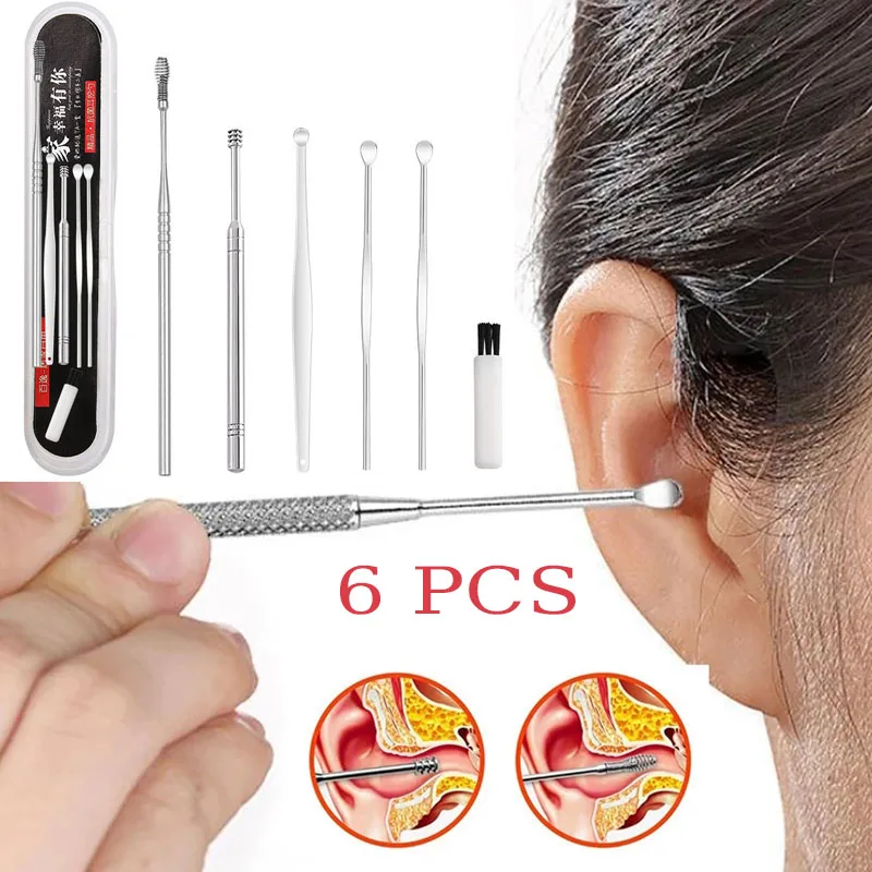 

6Pcs Ear Cleaner Set Stainless Steel Ear Wax Pickers Spiral Earpick Wax Remover Curette Ear Cleaner Spoon Ear Care Clean Tool