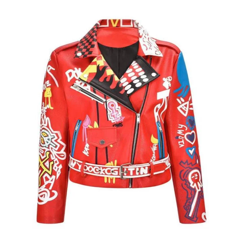 Autumn womens leather jacket PU winter new street heavy industry graffiti print punk short slim clothes red veste femme chaqueta