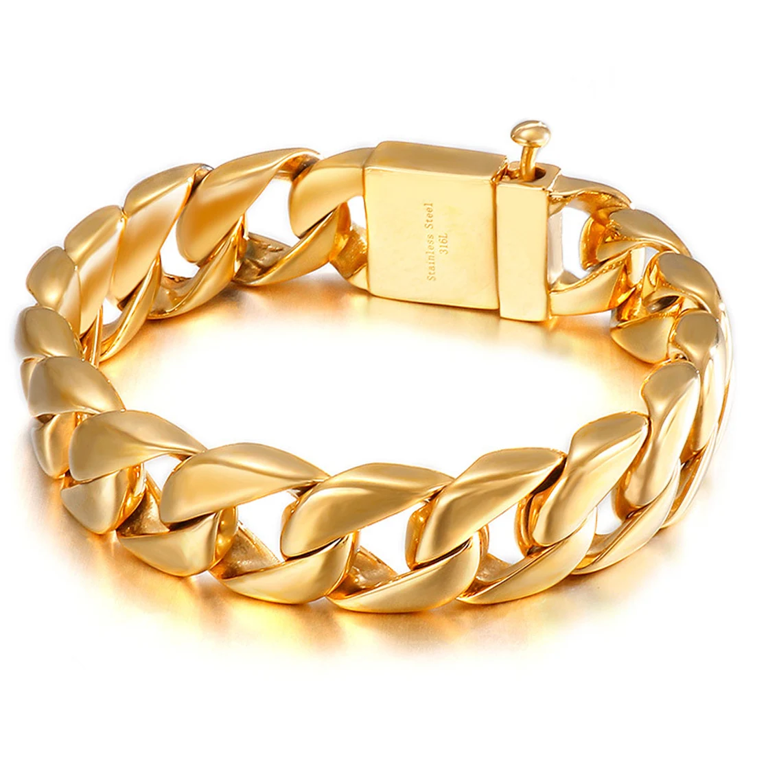 

15mm Wide Men Gold Color 316L Stainless Steel Curb Cuban Link Chain Wrist Bracelet for Boys Jewelry Gift