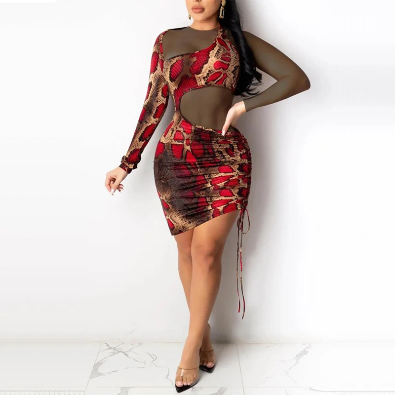 

Znaiml 2022 Leopard Mini Dresses Elegant See Through Mesh Women's Dress Patchwork Long Sleeve Tight Slim Vestidos Short