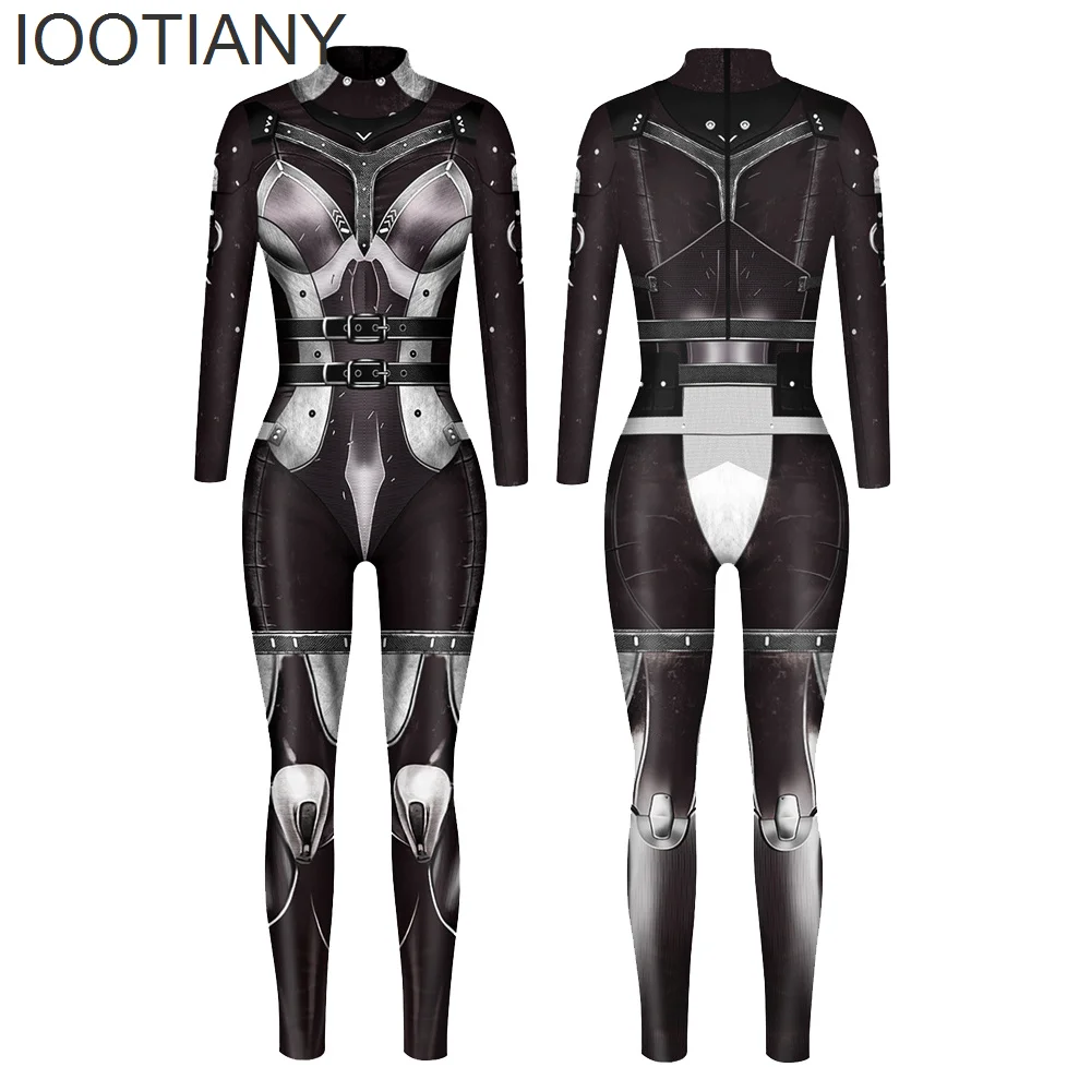 

OOTIANY Halloween Party Cosplay Women Jumpsuit Costumes Adult Skeleton Armor Print Bodysuit Long Sleeve Fancy monos mujer