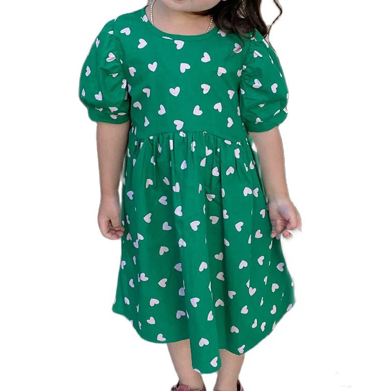 

2022 New Summer Summer Green Dress Heart Shaped Pattern Casual Dress For Girl Clothes Kid Clothes Children Dress