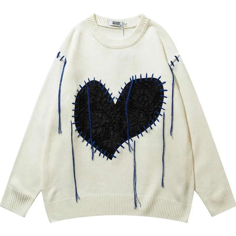 

Свитер с кисточками в форме сердца, мужской зимний вязаный свободный джемпер в стиле High Street, повседневный Фиолетовый Пуловер в стиле Харадзюку для пар, новинка 2022