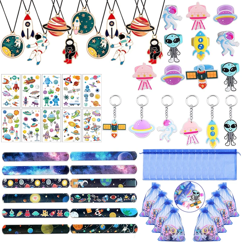 72pcs Outer Space Party Favors Kids Astronauts Alien Keychains Tattoos Boys Space Birthday Party Goodie Bag Pinata Fillers Gifts