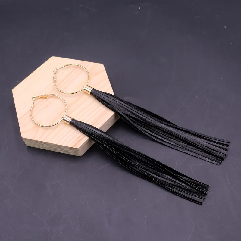 Женские длинные серьги-кисточки из искусственной кожи винтажные черные висячие