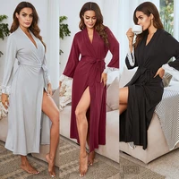 womens nightgown lace stitching cuffs mid length bandage bathrobe sleepwear solid stain silk pajamas for women lace up robes