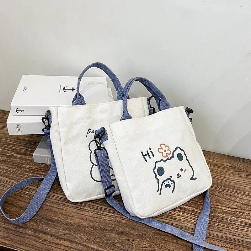 

Korean Cute Bear Canvas Bag Female Shoulder Bag Women Tote Bag Fashion Girl Diagonal Package High Capacity Handbag for Students