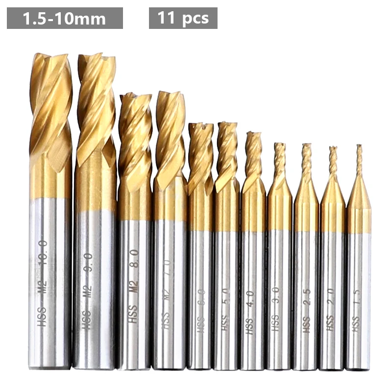 1.5-6.0mm Milling Cutter Set 7pcs/11pcs Metric 4 Flutes Titanium High Speed Steel CNC Mill for Wood Metal Milling Cutting Tools