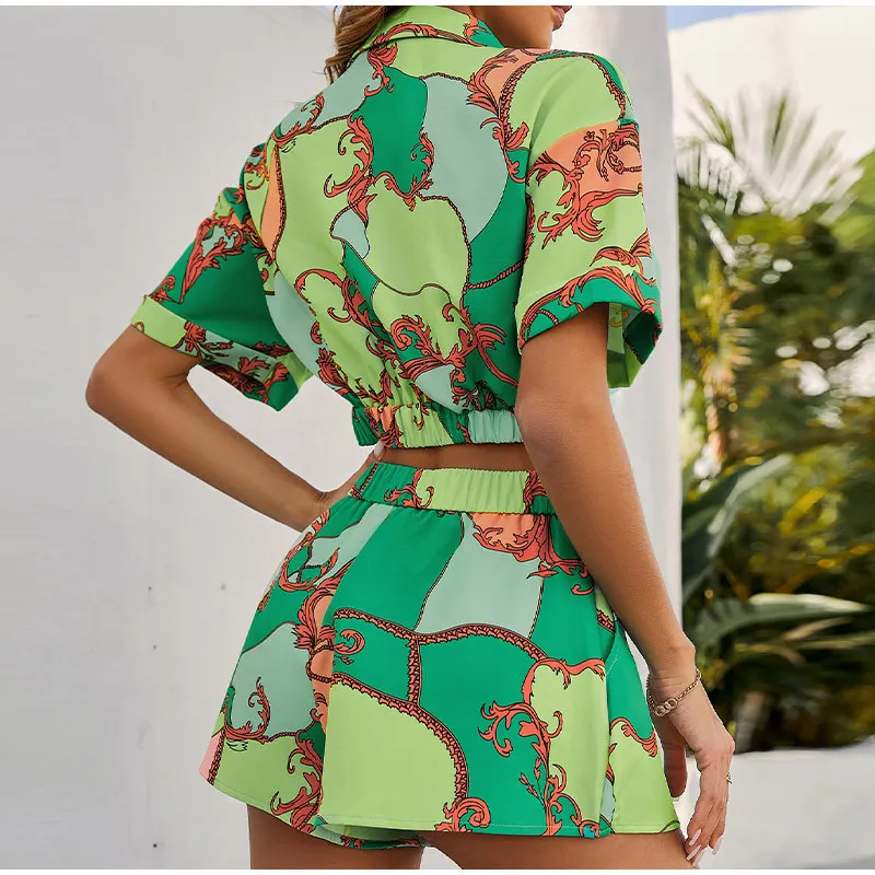 Summer Women's Short Sleeve Pajama Set 2 Pieces Set Ladies Sleepwear Crop Top And Shorts Print Buttons Piajama Suit For Female