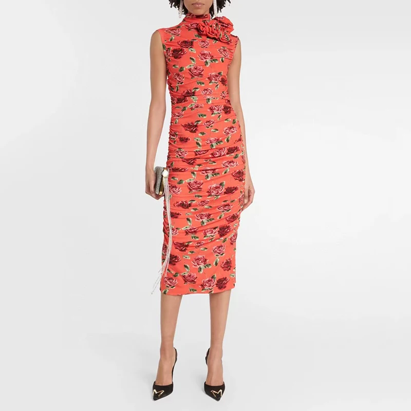 2023 Early Autumn New Rose Print Stereoscopic Flower Women's Long Dress y2k Middle Collar Sleeveless Pleated Slim Dress