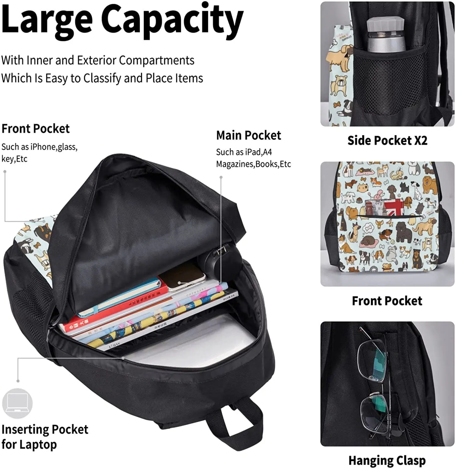 Kids School Backpack Dogs Schoolbag Travel Bag Casual Daypack Lunch Bag Pencil Case for Boys Teens Girls 3pcs Sets