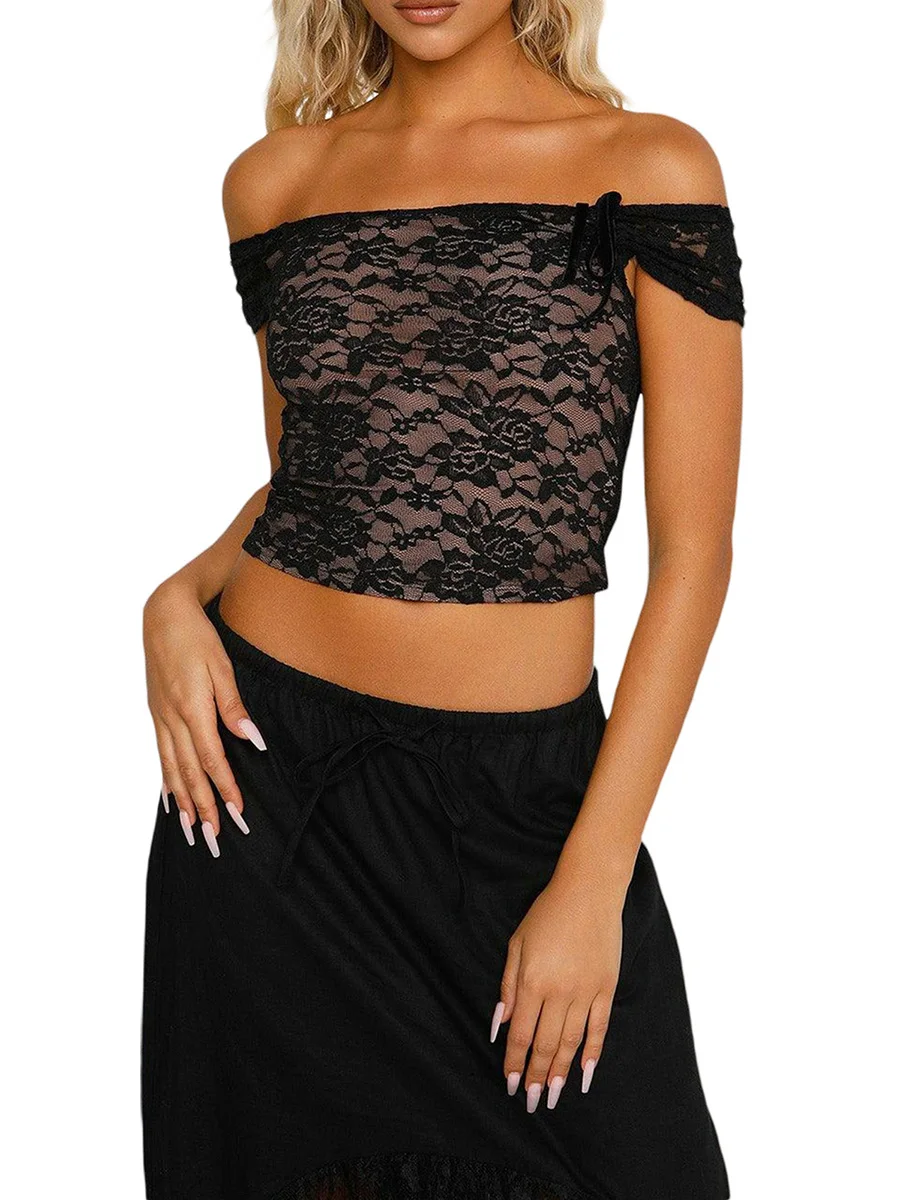 

Женский Кружевной укороченный топ с коротким рукавом и открытыми плечами, женские летние топы, Клубная одежда для фото