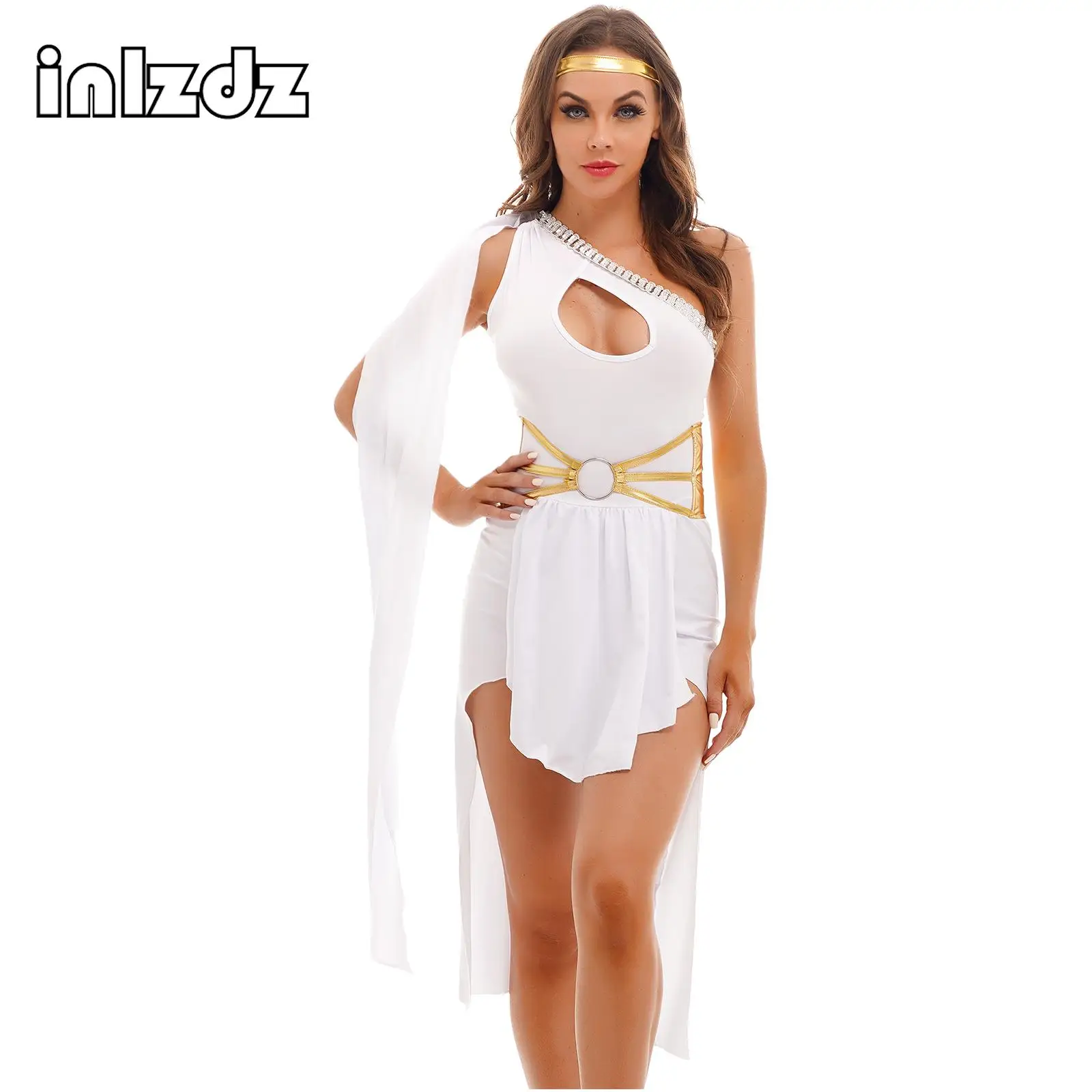 Womens Halloween Role Play Outfits One Shoulder Ancient Egypt Egyptian Cleopatra Costume Set Roman Grecian Princess Dress Up
