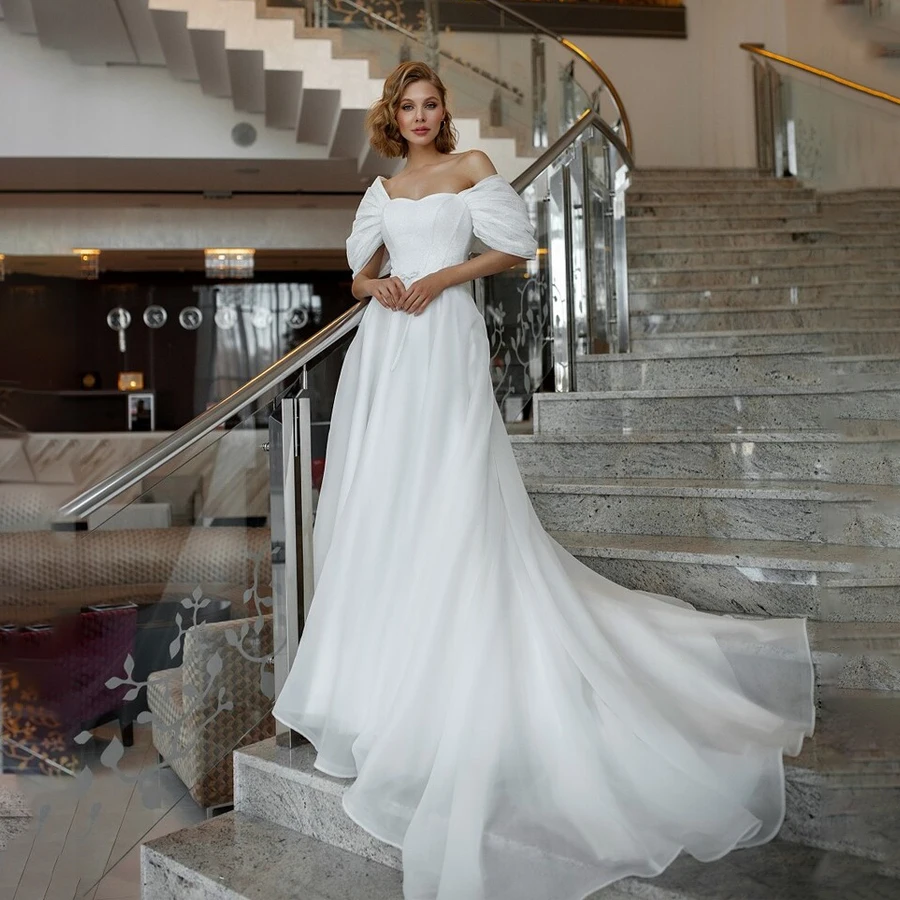 Puffy Cap Sleeves Organza A-line White Wedding Dress with Long Train Elegant Bridal Gowns vestido festa luxo