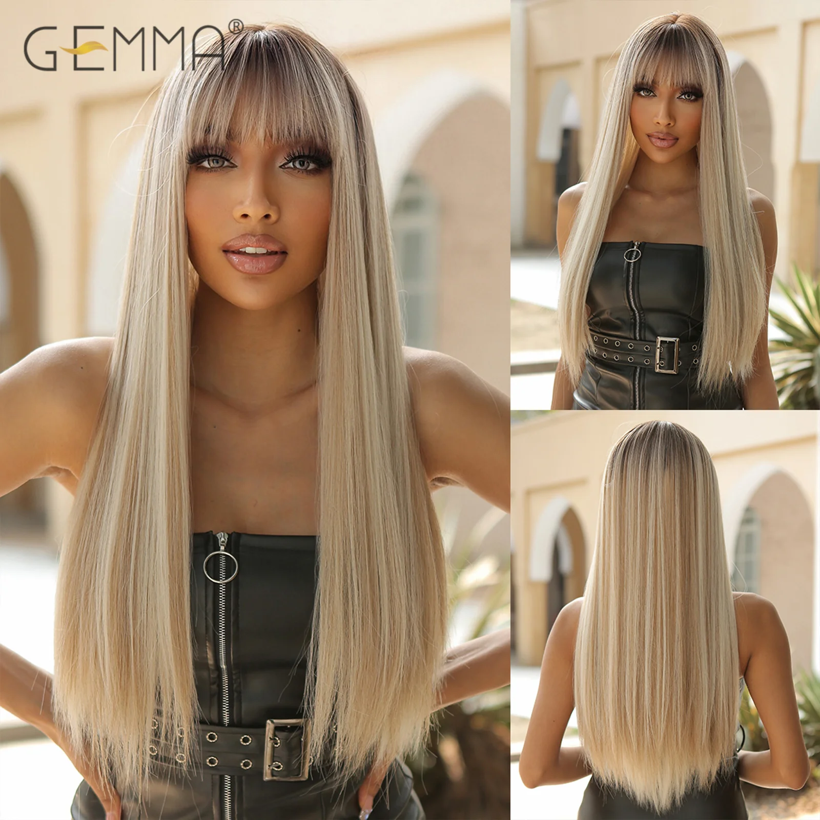 

GEMMA Ombre Brown Blonde Synthetic Wig with Bangs Long Straight Cosplay Wigs for Black Women Heat Resistant Fibre Daily Hair