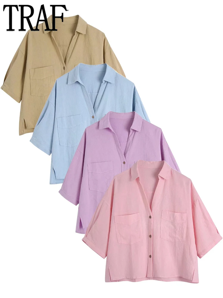 

TRAF Pink Crop Top Women Purple Baggy Button Up Shirts Woman Short Sleeve Collar Tops Women 2022 Loose Blue Blouses Women Casual