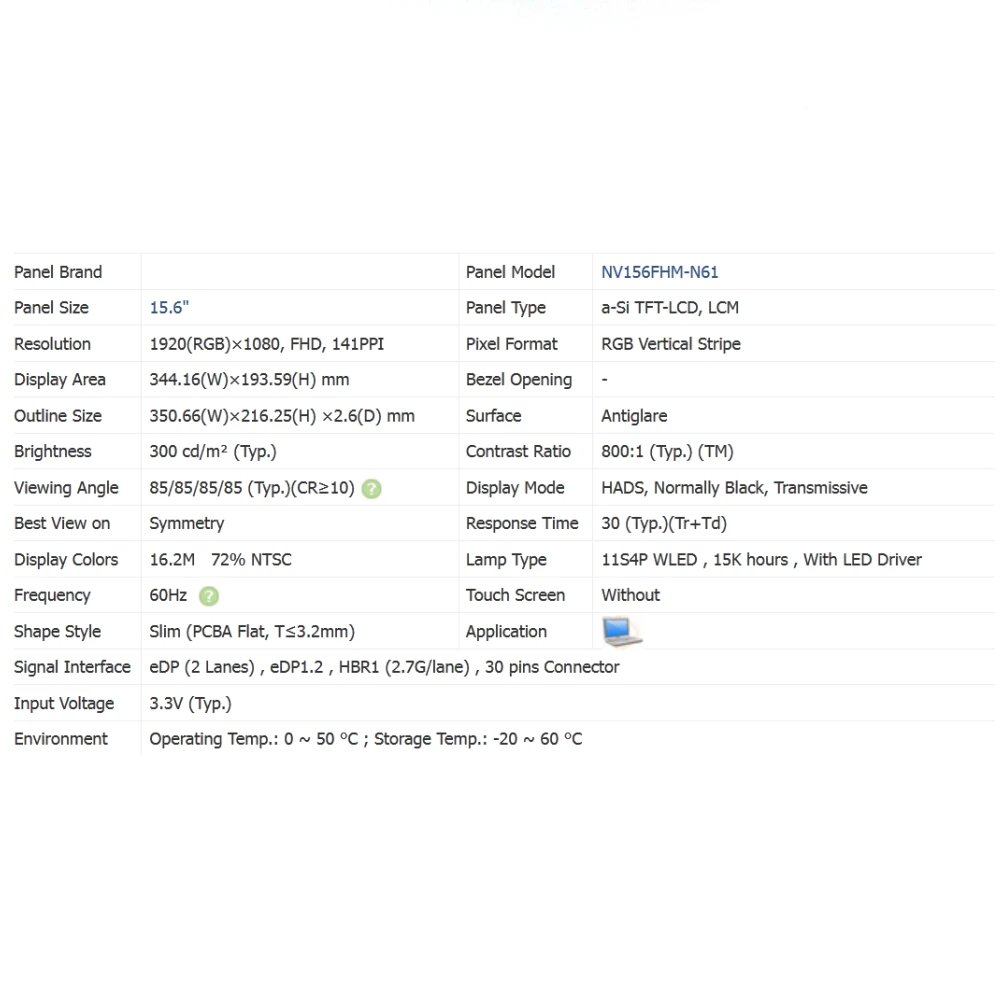 15.6'' IPS 1920x1080 LCD Screen NV156FHM-N61 N35 N62 NE156FHM-NS0 N156HCA-EBA NV156FHM-N45 B156HAN02.2 NT156FHM-N61 B156HTN06.1 -
