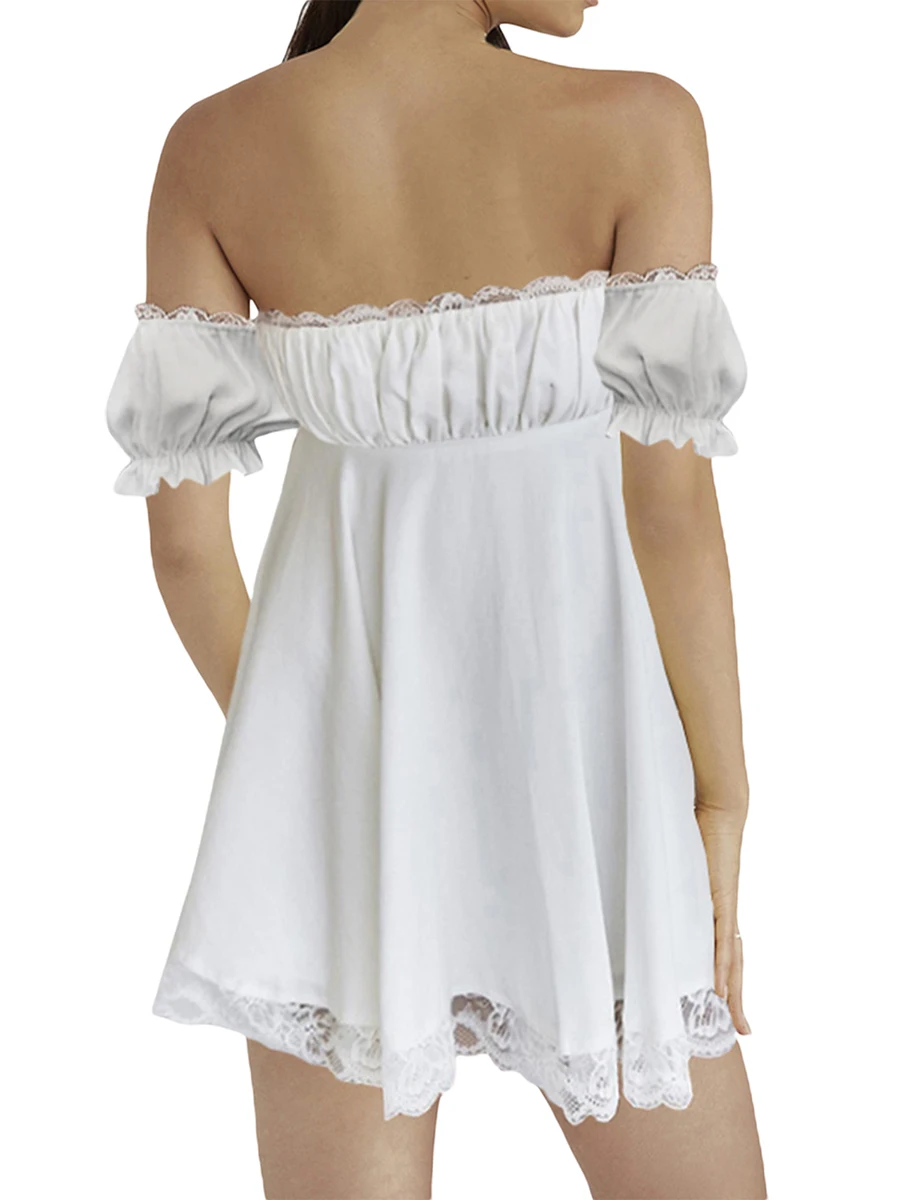 

Женское мини-платье с открытыми плечами, летнее однотонное Цветочное платье с коротким рукавом и кружевной отделкой, пляжная одежда