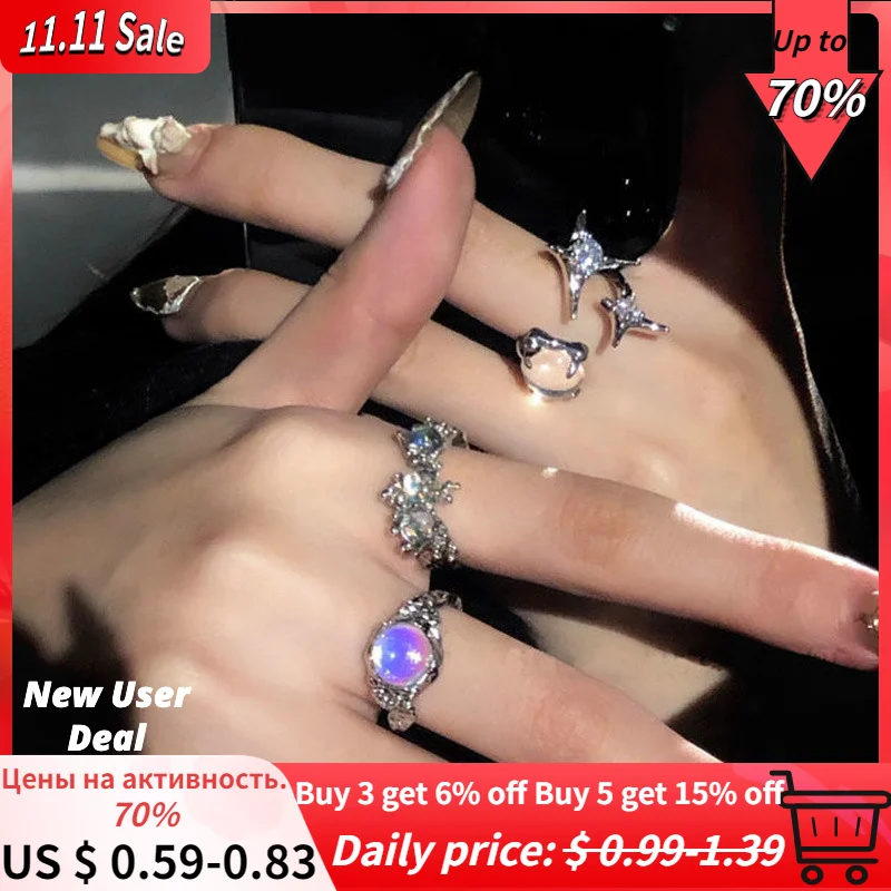 

Korean Crystal Ring for Women Shining Opal Irregular Open Rings Vintage Geometric Y2K New Trendy Creative Finger Jewelry