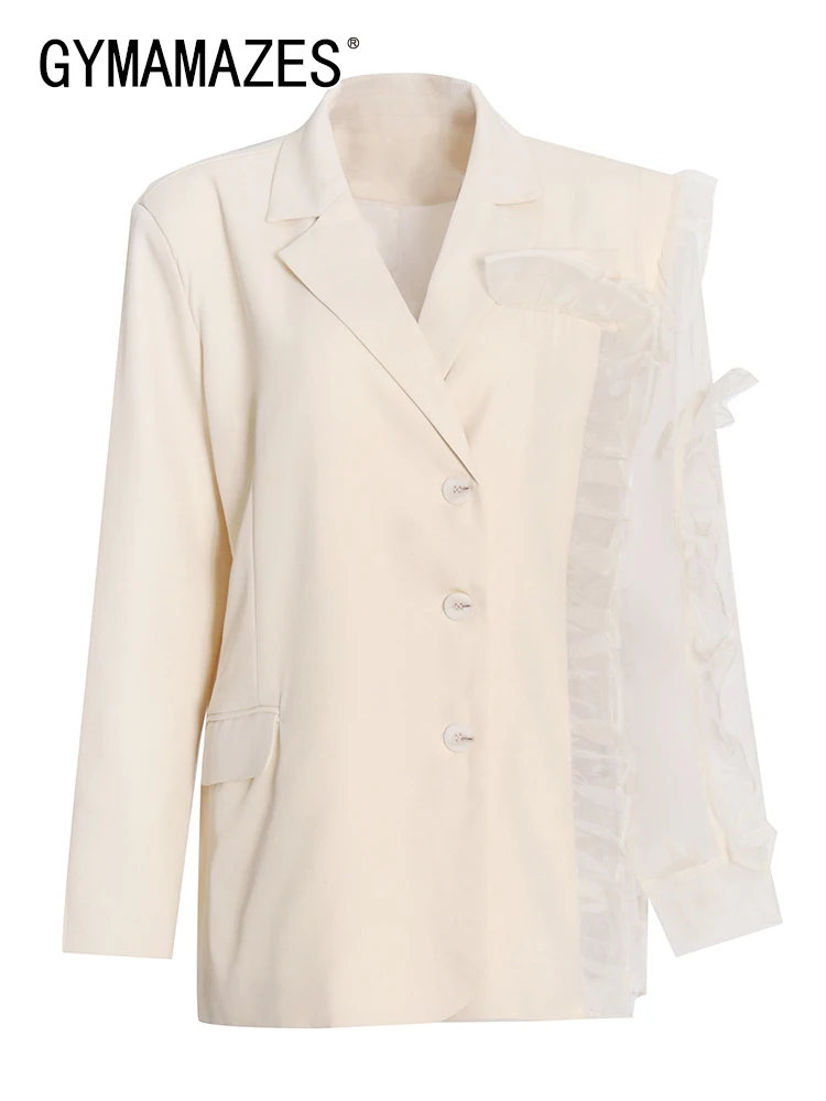 

GYMAMAZES High Street Patchwork Ruffle Mesh Blazer For Women Notched Long Sleeve Single Breasted Loose Blazers Female New Style