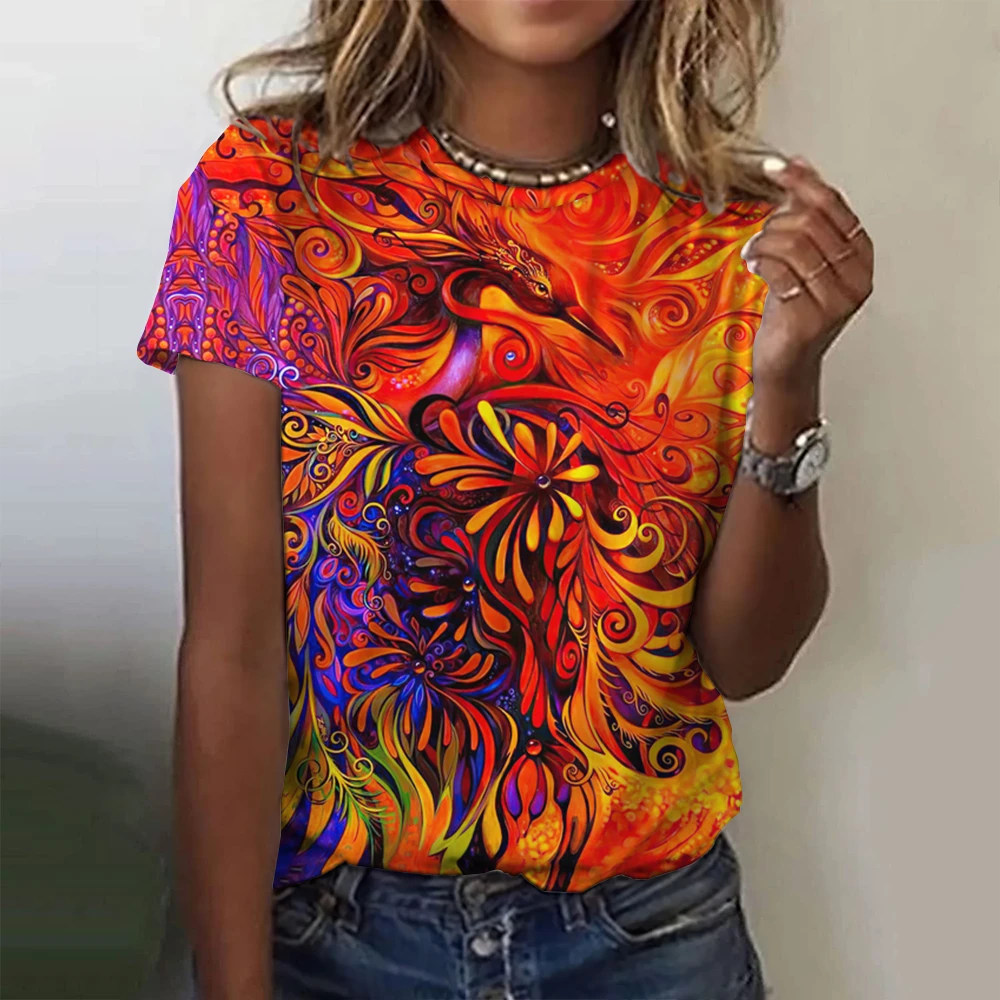 

Women'S Phoenix Pattern T Shirt Traditional Style Loose Short Sleeve Top Female Casual Summer Colorful Beautiful Oversized Tees