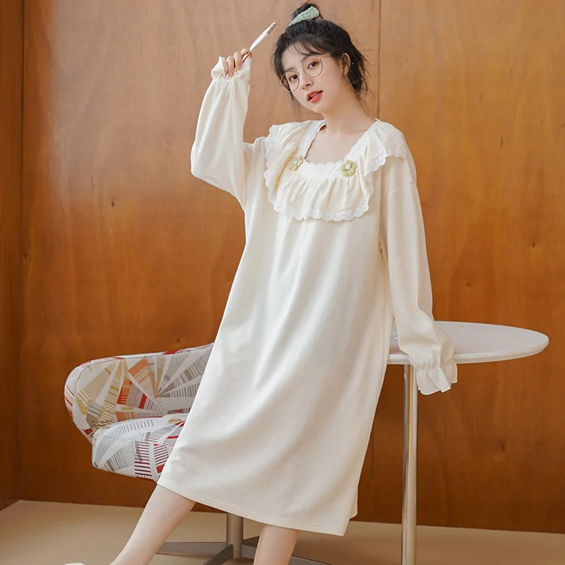 2023 Long Nightdress Women Faux Cotton Sleepdress Long Sleepwear Cute Sweet Girls Lady Nightgowns Home Dressing Gowns Nightwear