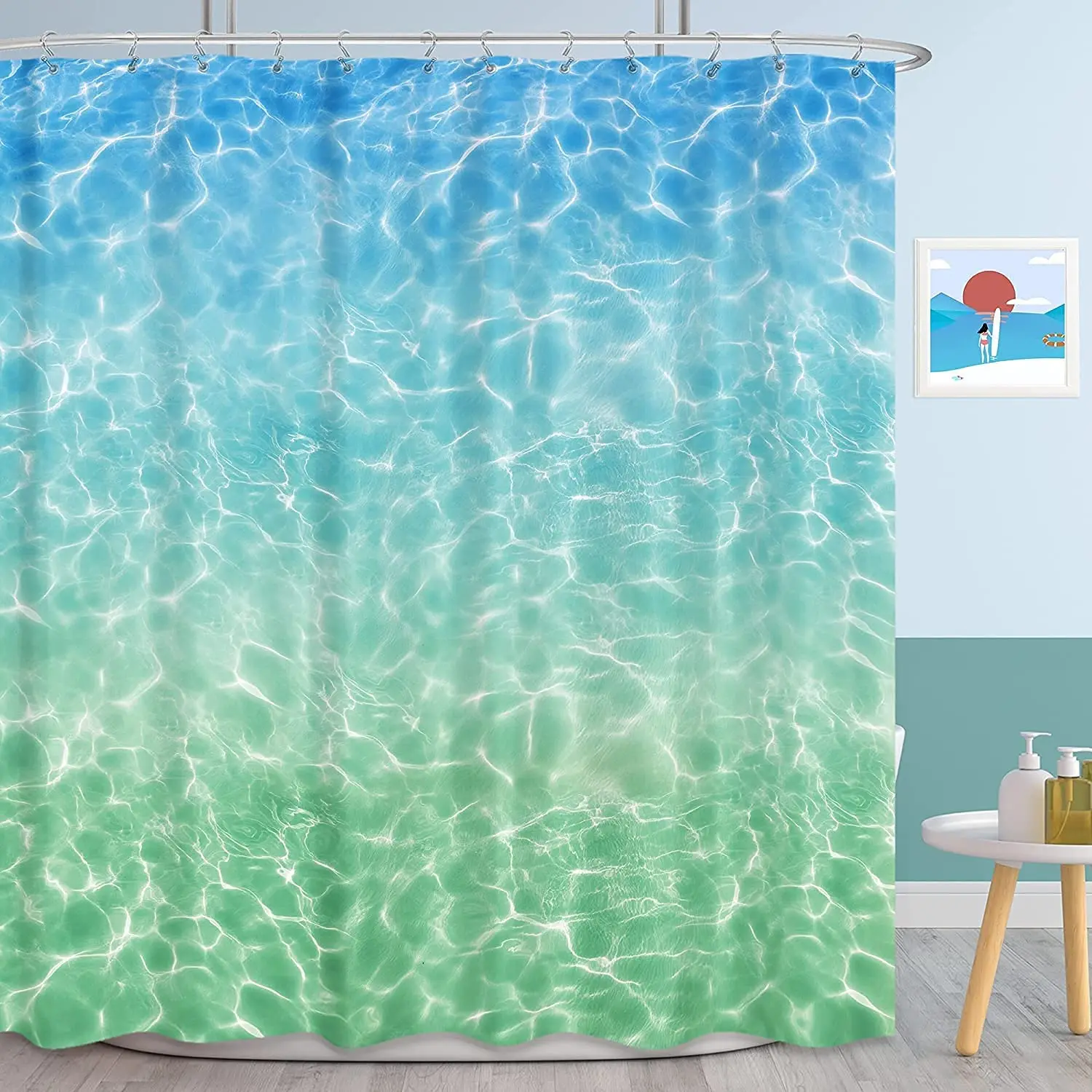 

Modern Ocean Beach Shower Curtain for Bathroom Decor Abstract Ombre Blue Green Wave Bath Curtains for Tropical Sea Shiny Summer