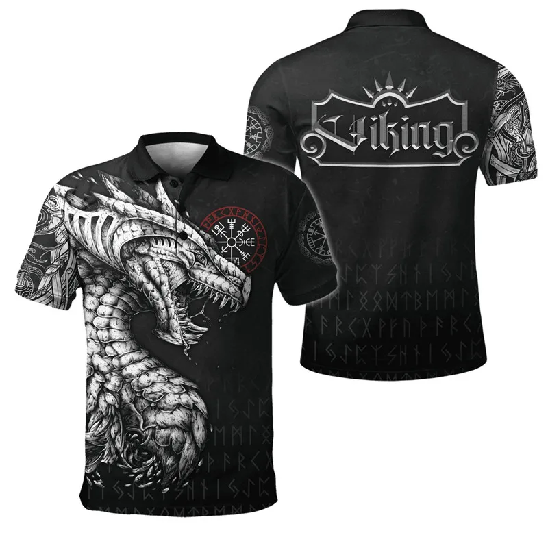 Fashion Viking Wolf Tattoo Red Eye 3D Full body Print Men's Polo Shirt Casual Polo Collar Short Sleeve Shirt