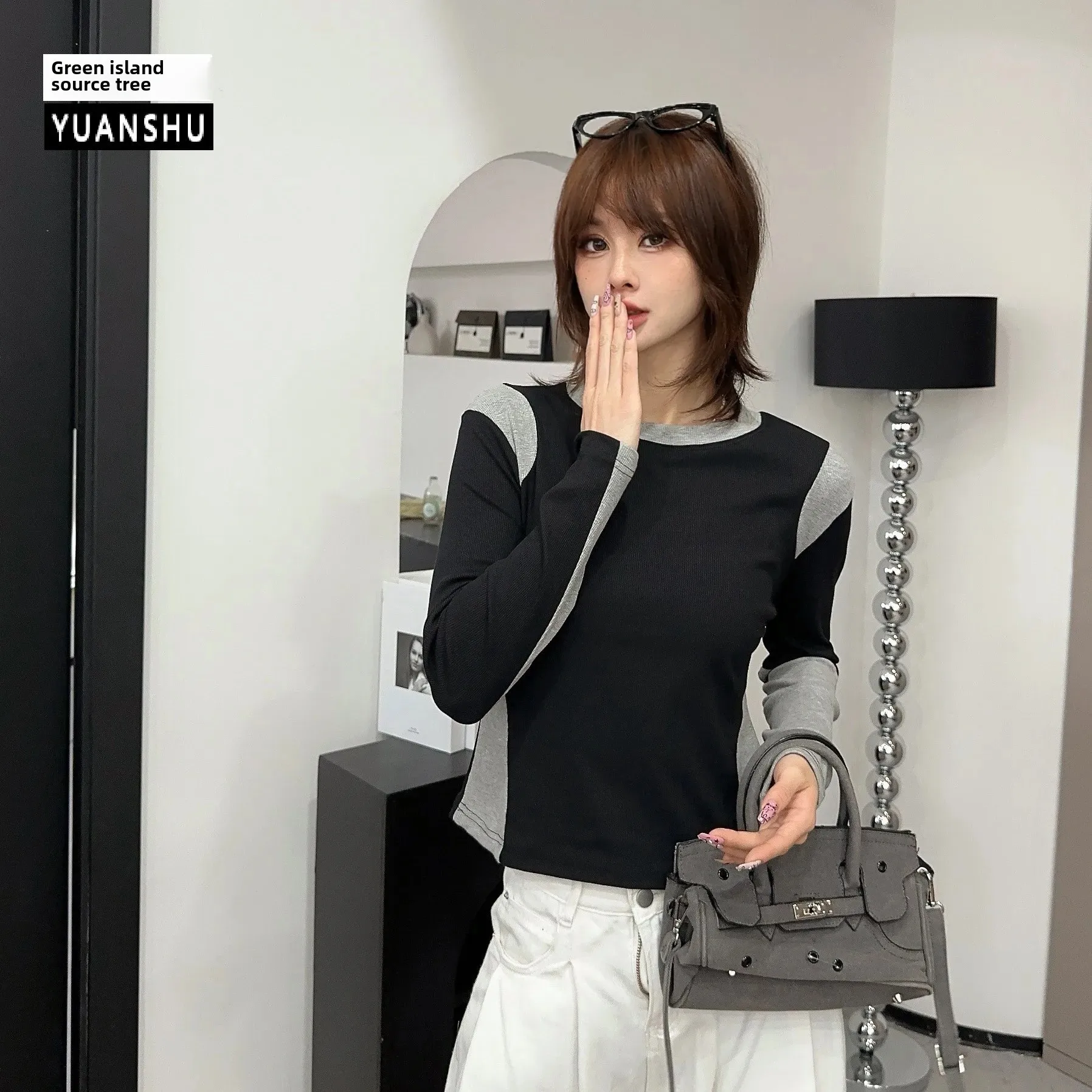 Модный цветной топ с круглым вырезом и длинными рукавами базовый слой для