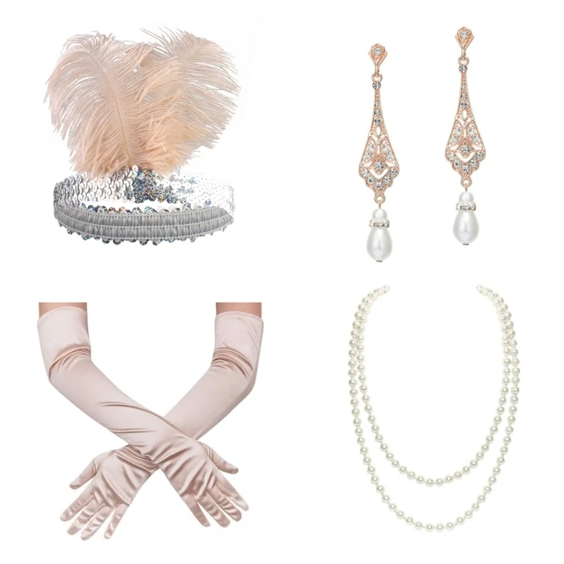 

Y166 Medieval Women Feather Headband with Earring&Pearl Necklace&Gloves Festival Costume for Cosplay Party Performances